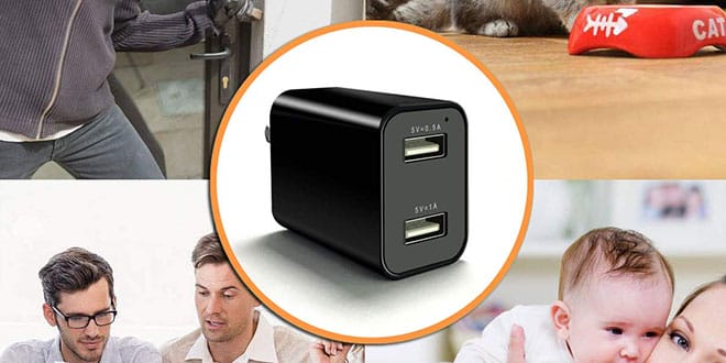 A collage of pictures of a usb charger and a cat.