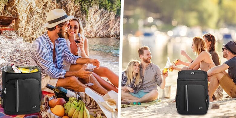 Two pictures of people sitting on the beach and enjoying LYPULY Cooler Backpack.